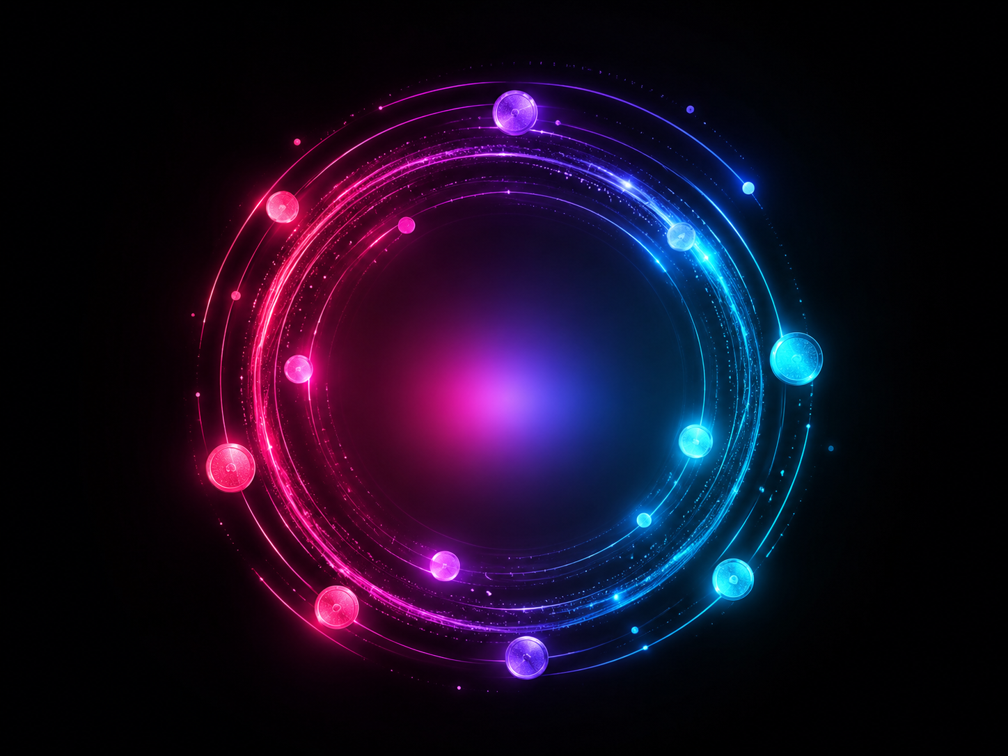 Glowing magenta and cyan orbits with rotating coins, symbolizing reseller margins and recurring revenue