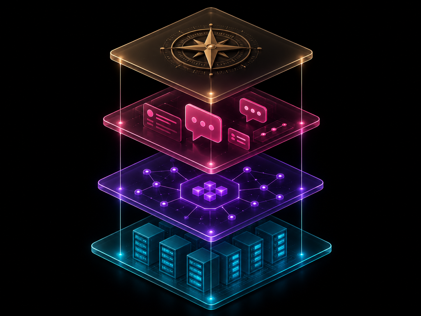 Four glowing stacked layers representing the IG1 catalog pillars: consulting, conversational solutions, AI agents and sovereign infrastructure