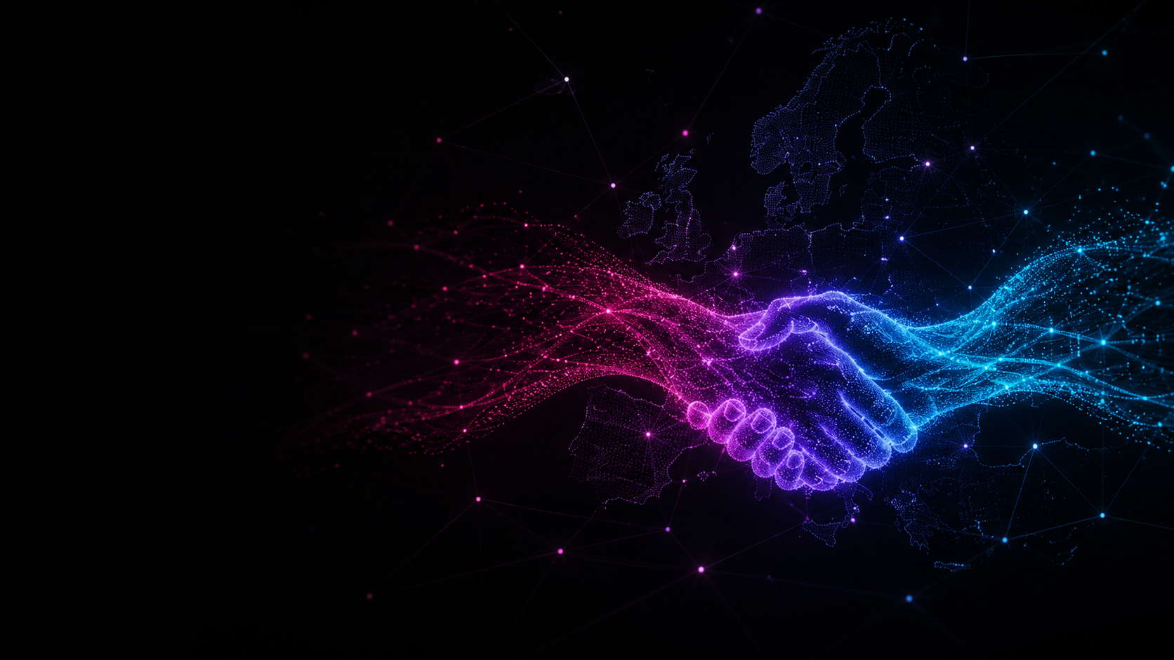 Particle-network handshake in magenta and cyan over a map of Europe, symbolizing IG1 partnership