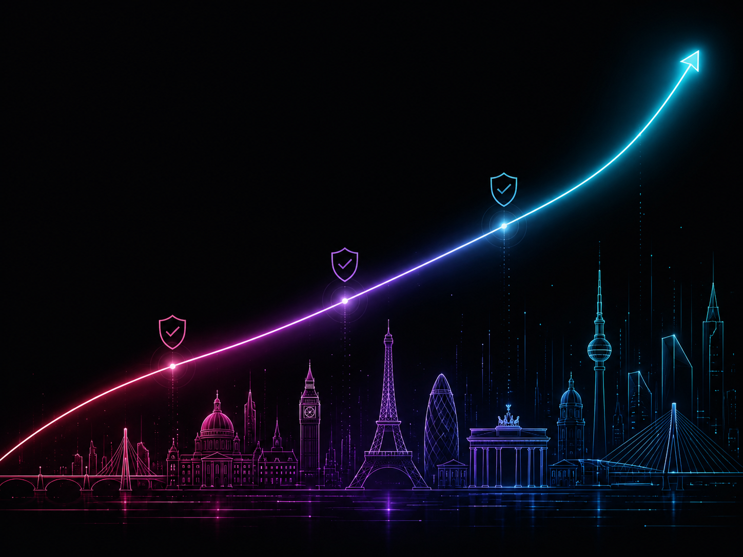 Neon skyline of European capitals with a rising growth curve marked by compliance shields